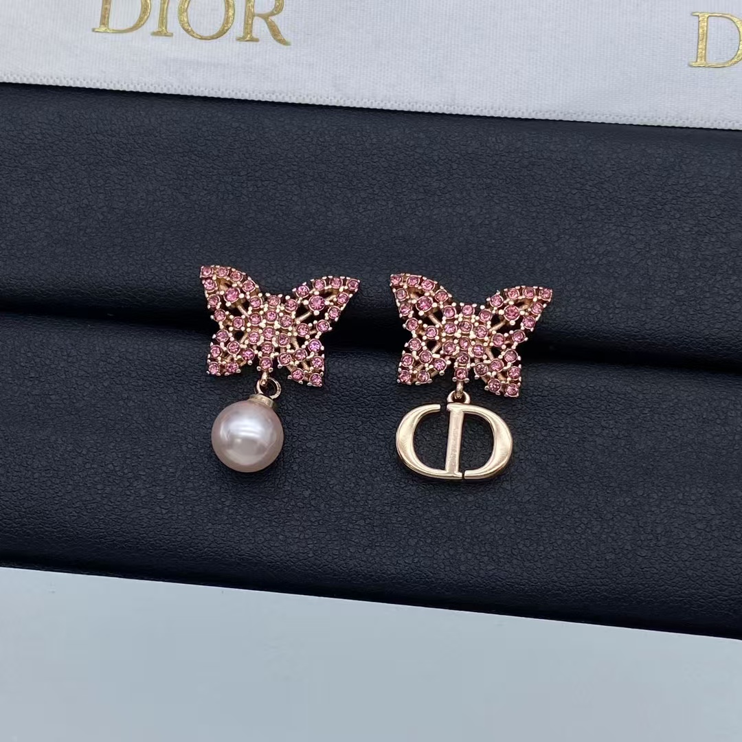Dior Asymmetric Rose Gold-Finish Pink Butterfly Earrings - Original Replica Club