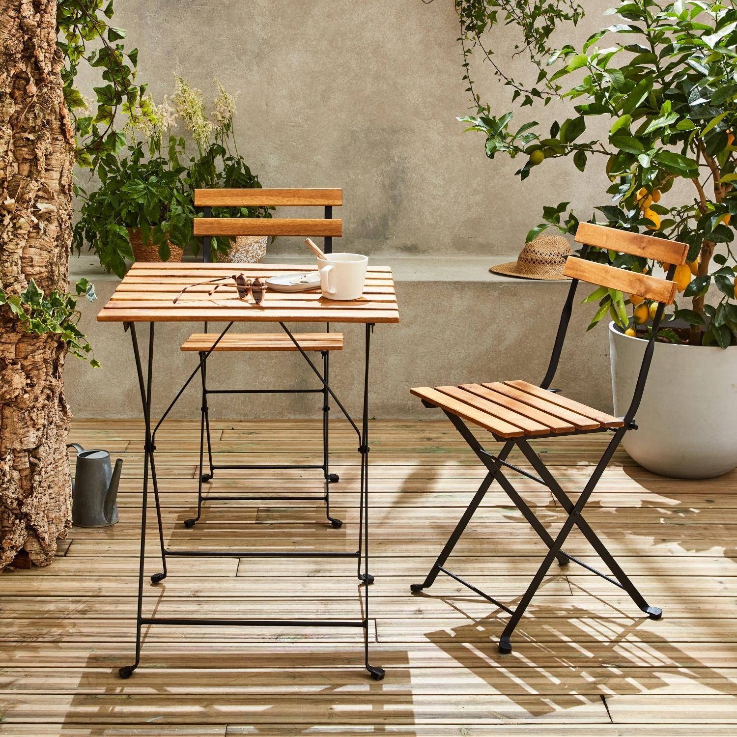 Malaga - Mesa bistro plegable madera y metal con 2 sillas