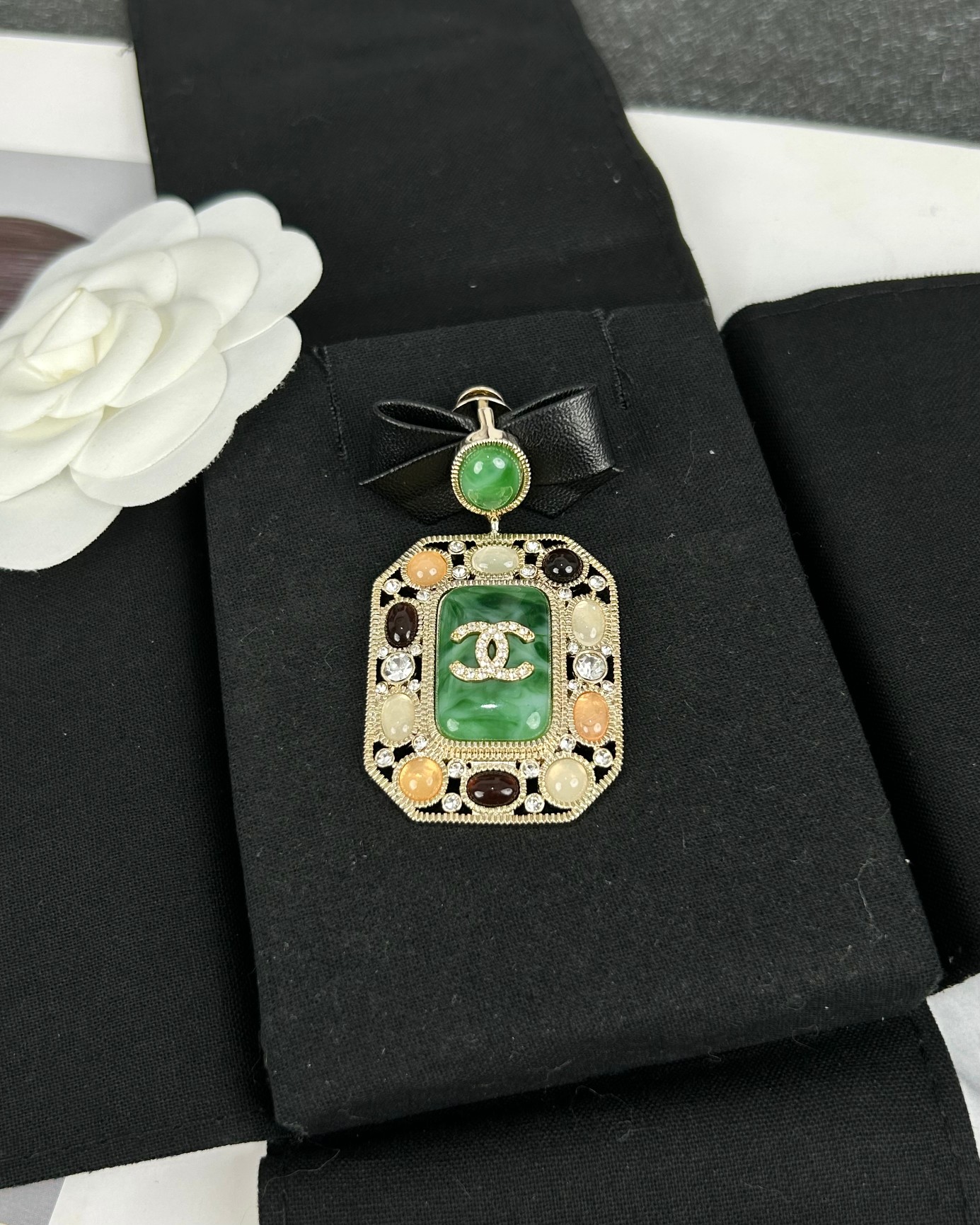 Chanel Leather Bow Multigem Emerald Brooch - Original Replica Club