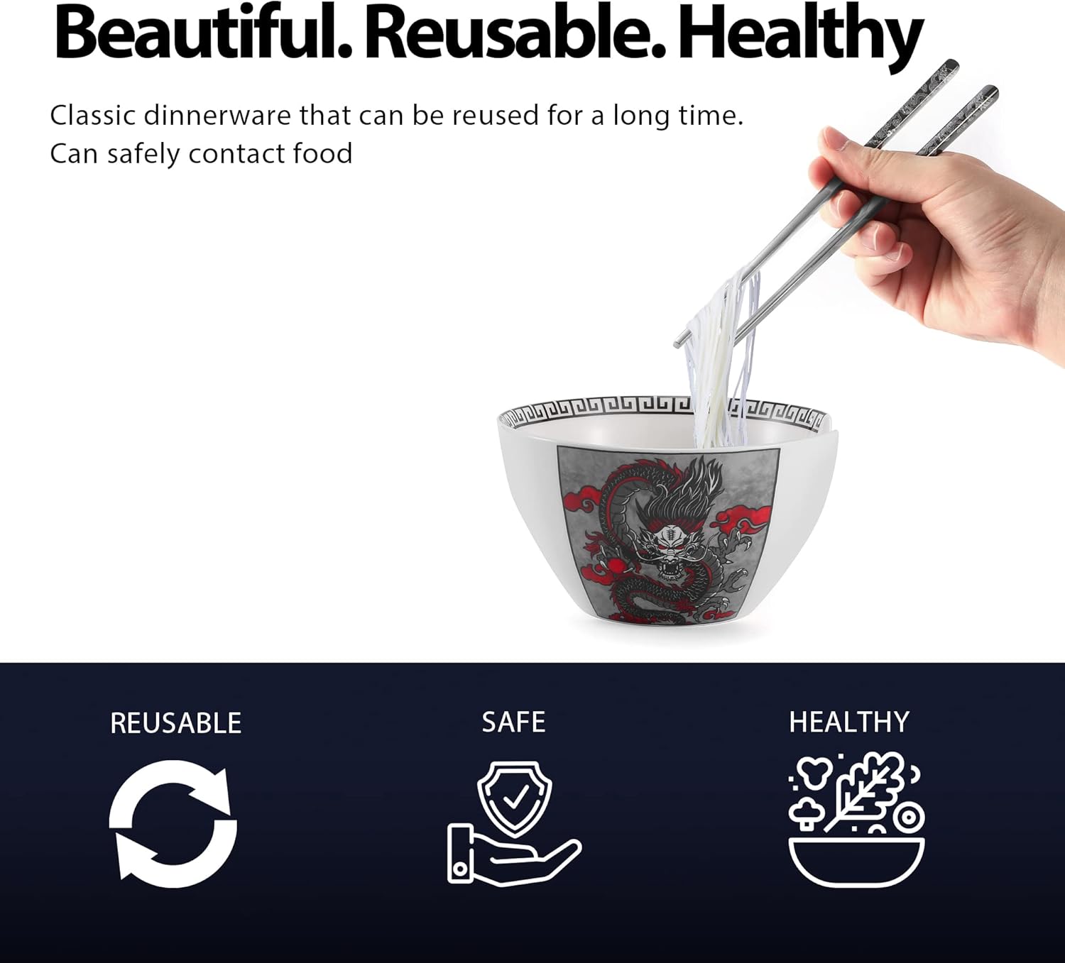 Hagary Dragon Ceramic Bowls Japanese Korean Soup Bowl Pasta Salad Dessert Serving Bowls Housewarming Wedding Gifts Designed in Korea (With Chopsticks) (Black, 20 oz - 1pc)