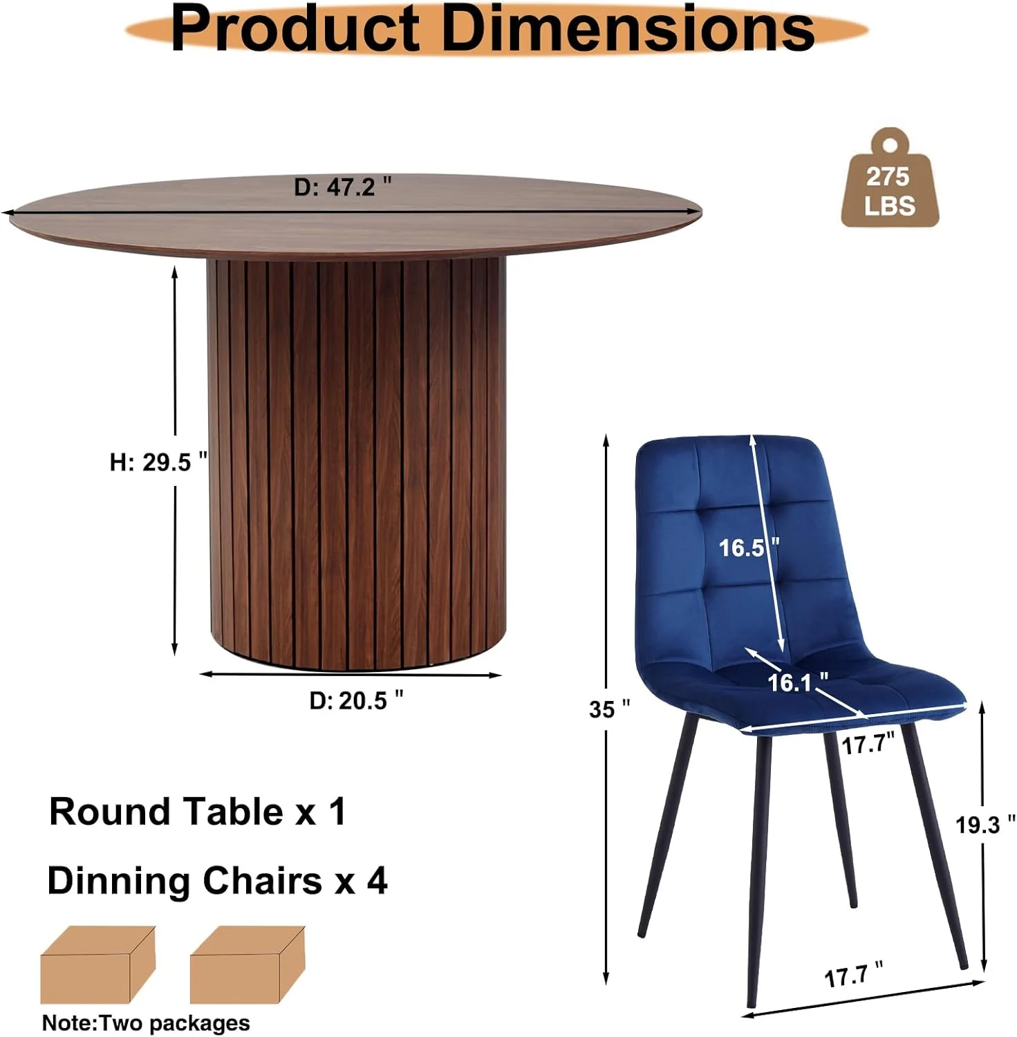 5 Piece Round Dining Table Set - Mid-Century 47 inch Oak Dining Table with 4 Brown Faux Leather Chairs Set, Dinner Table & Chair with Metal Legs for Kitchen Dining Room, Apartment, Bedroom - Image 22
