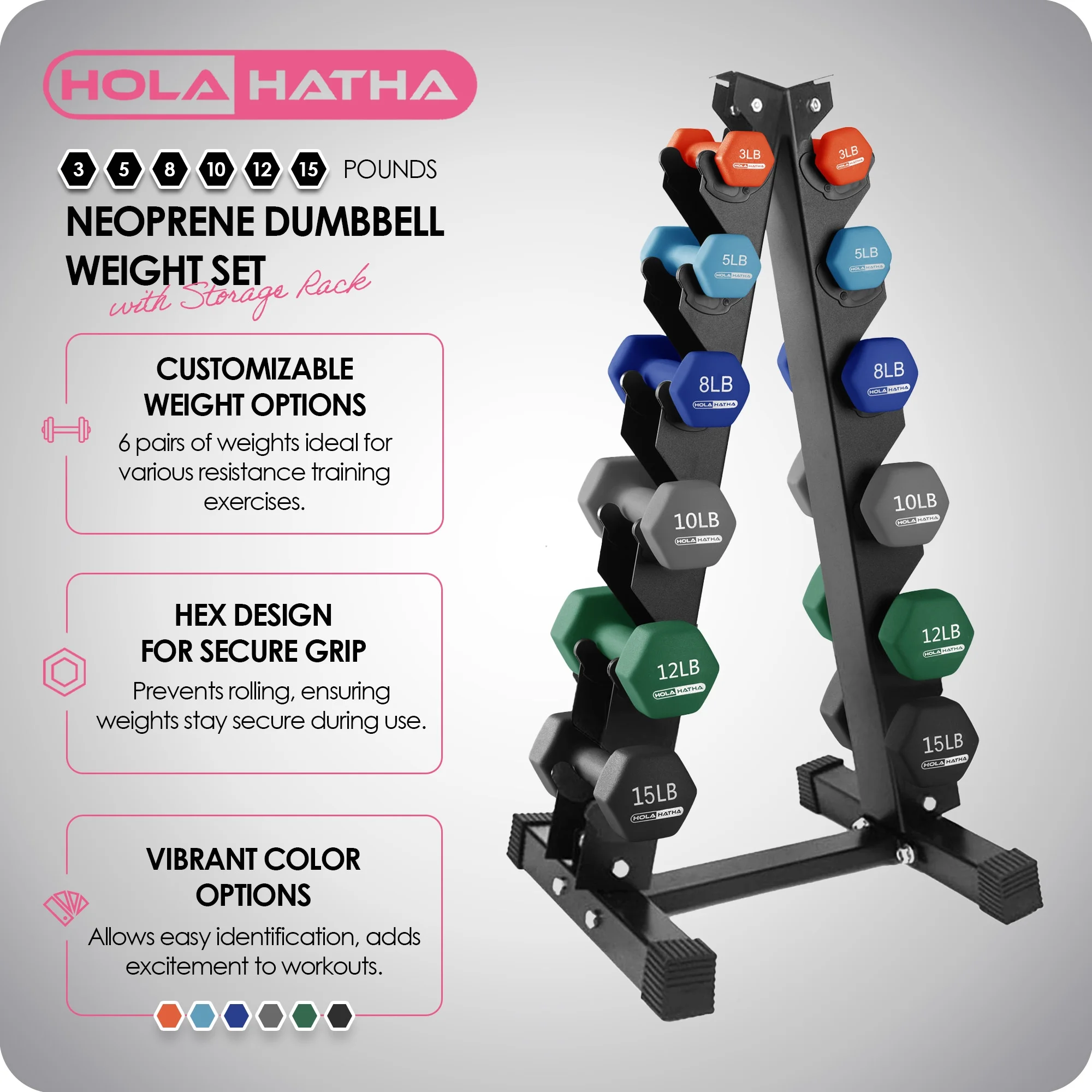 HolaHatha Neoprene Dumbbell Weight Set with Rack (Black), 112.5 lb - Image 14