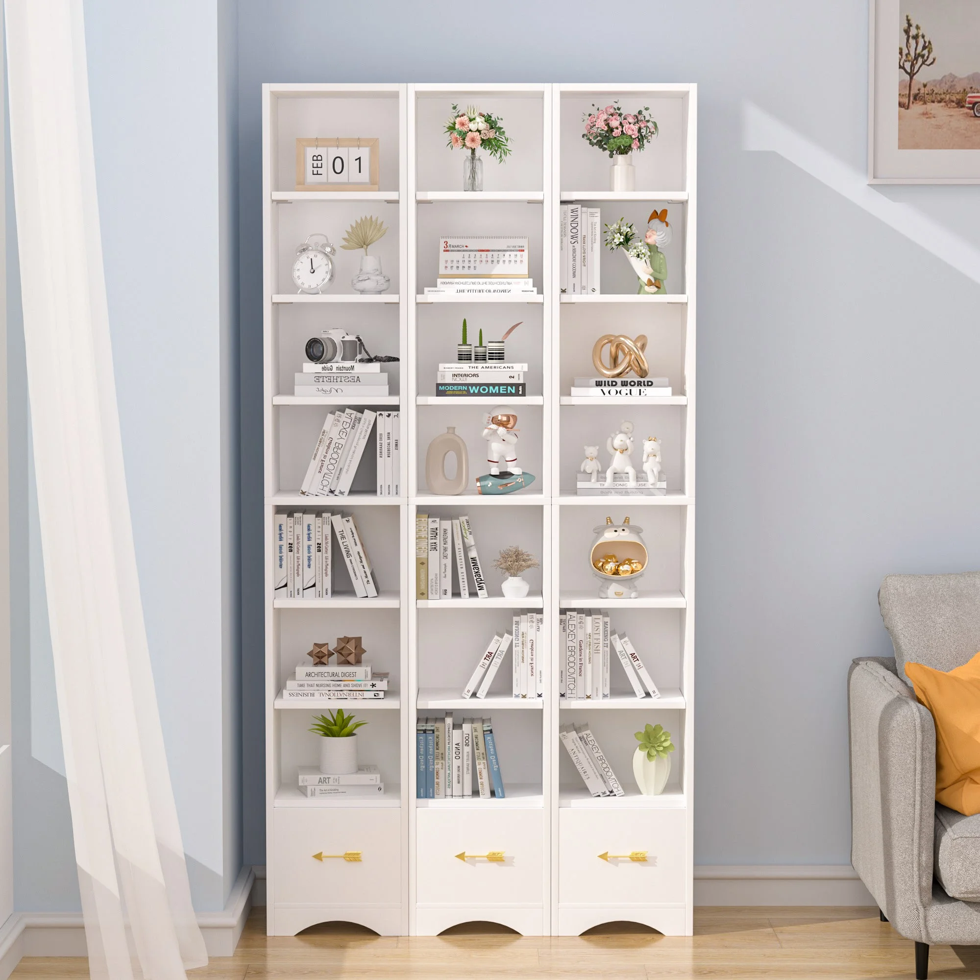 Javlergo 71" Tall Narrow Bookcase, Small Corner Bookshelf with Adjustable Shelves & Drawer, White - Image 3
