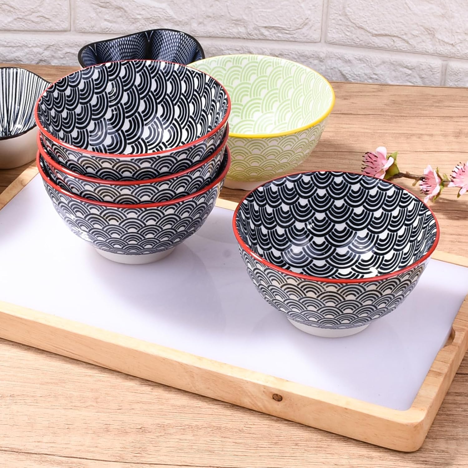 4-Piece Ceramic Small Bowl Set, 4.5-Inch Round Rice Bowls with Black & White Wave Motif, Classic Japanese Style Soup & Cereal Bowls with Red Rim, Microwave & Dishwasher Safe, Stackable