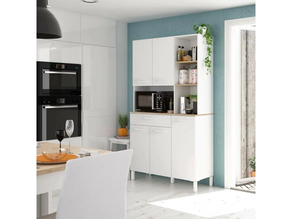Armario multiusos Hogarsens Mueble auxiliar de cocina Aparador de 5 puertas y 1 cajón con baldas Armario abierto 108x40h186 cm Blanco y Hogarsens