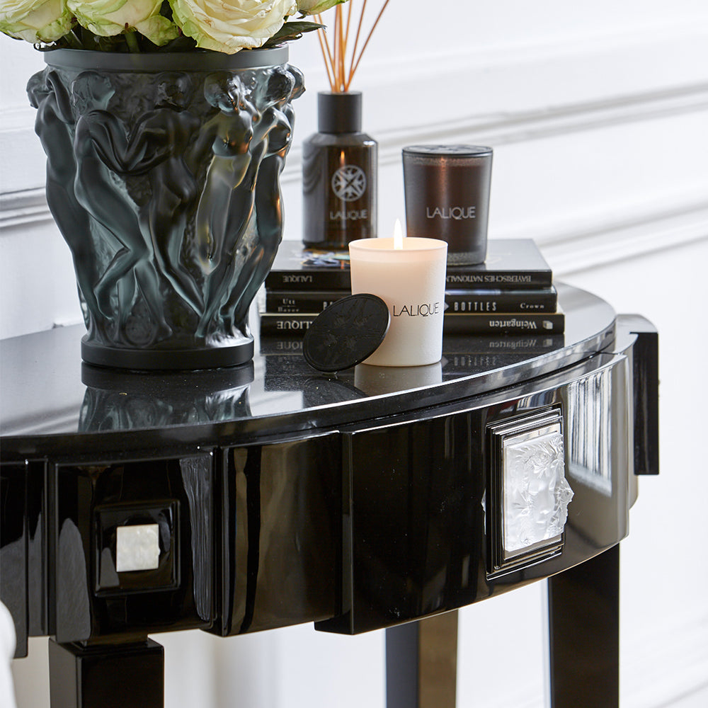 CONSOLE MASQUE DE FEMME - CRISTAL INCOLORE ET LAQUÉ NOIR AVEC PLATEAU EN GRANITE NOIR