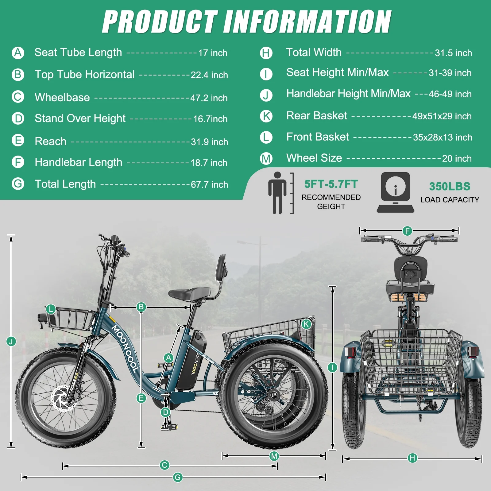 20" x 4" Fat Tire Electric Tricycle for Adult, 7 Speeds Electric Trike 48V 500W Motorized Tricycle , Electric Three Wheels Bicycle for Senior, Aluminum Frame & Rear Basket ,16mph - Image 79