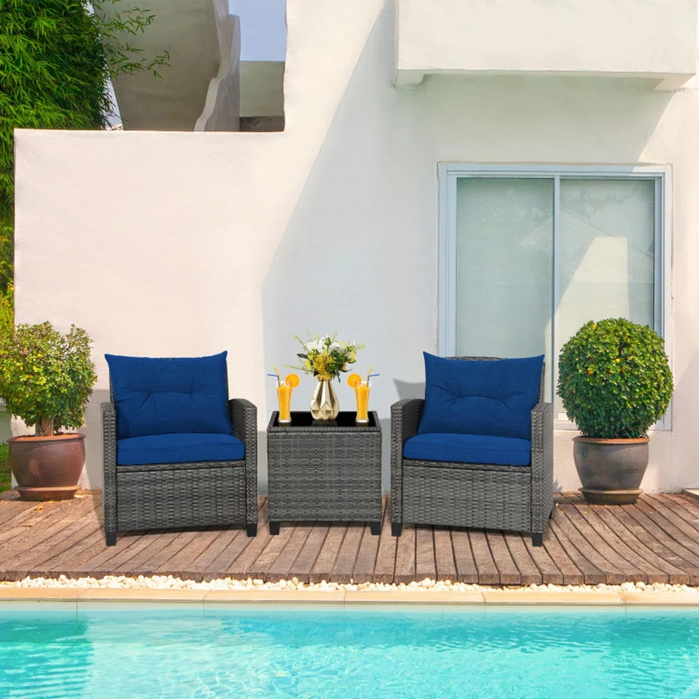 Kadyn Outdoor Seating Sets,Garden Conversation Sets,3 Pieces Outdoor Wicker Conversation Set with Tempered Glass Tabletop-Navy - Image 8
