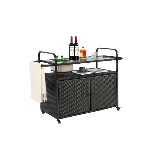 Yiweny Outdoor Rolling Wicker Bar Cart, Large Portable Outdoor Wicker Bar Table with Cabinet Storage and Glass Countertop, Patio Wicker Serving Bar Cart for Pool, Party, Backyard, Black - Image 6