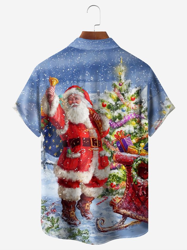 Christmas Santa Chest Pocket Short Sleeve Casual Shirt