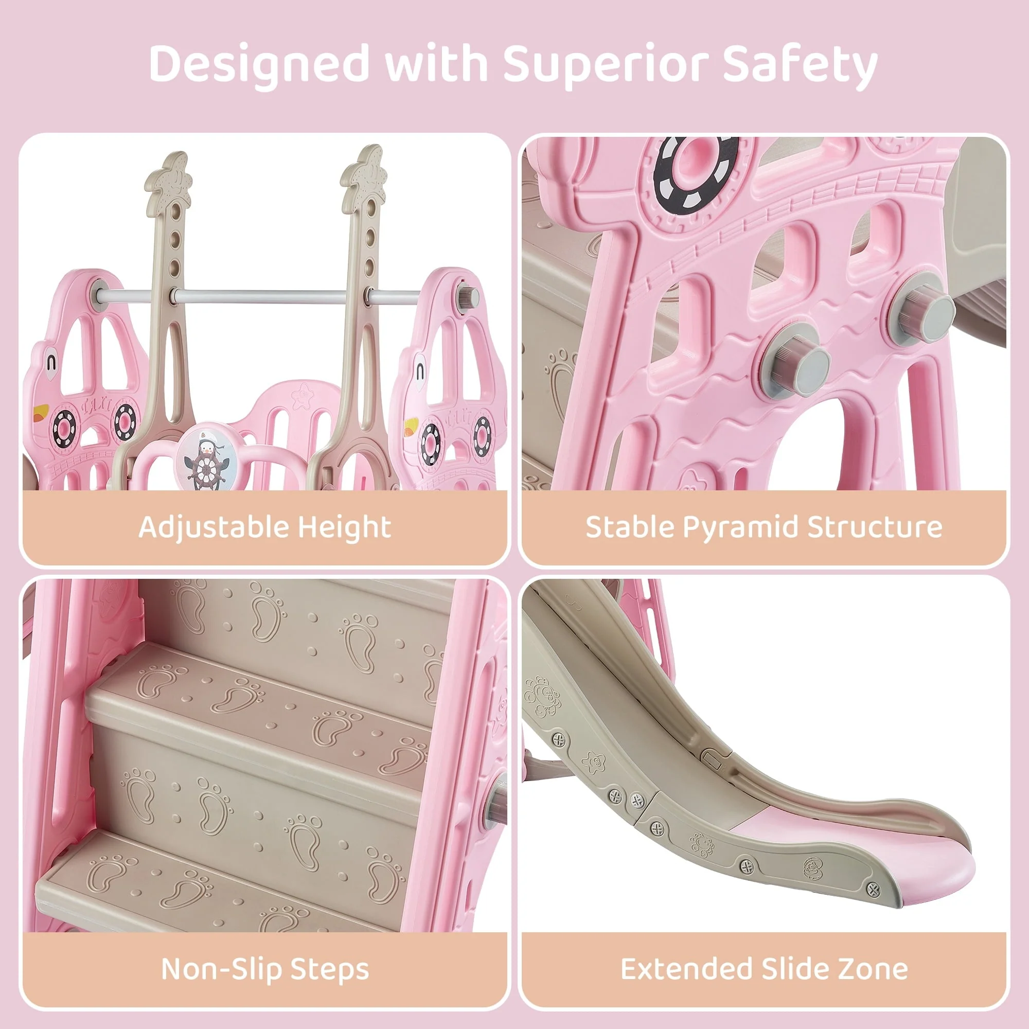DUKE BABY 4-in-1 Kids Swing and Slide Set for Toddler Age 1-6, Extra Large Baby Indoor Outdoor Activity Playground with Basketball Hoop and Climber – Pink - Image 5