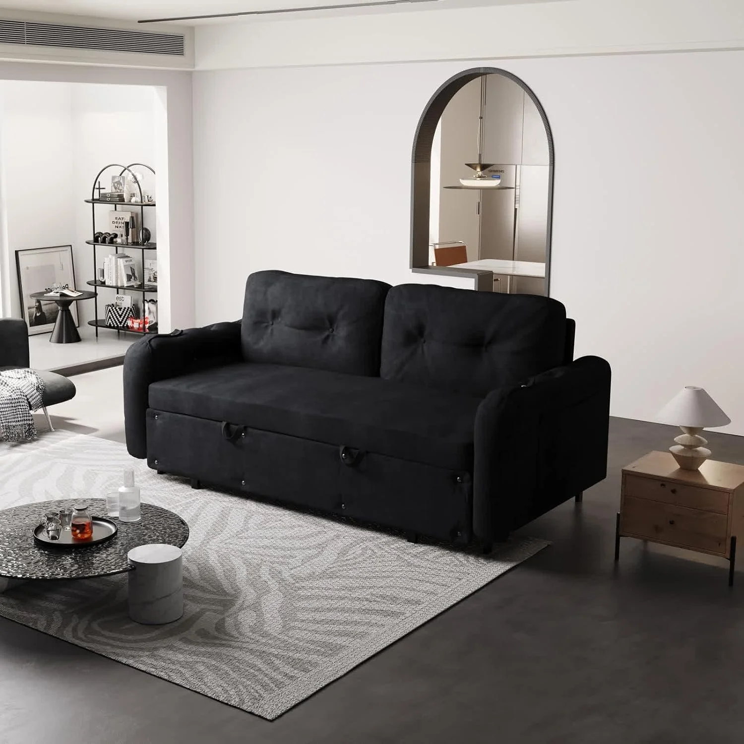Tabaray 63.8" Futon Sofa Bed Queen Size, Pull Out Bed, 3-in-1 Convertible Sleeper Sofa with Side Pocket, Modern Plush Velvet Futon Couch for Living Room, Small Space, Apartment, Bedroom, Black - Image 66