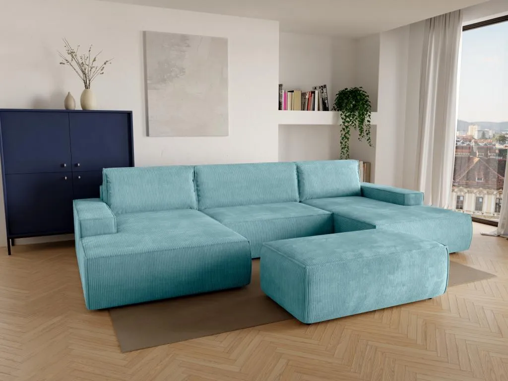 Gran sofá cama esquinero panorámico de pana azul turquesa Hogarmini 26812pcws