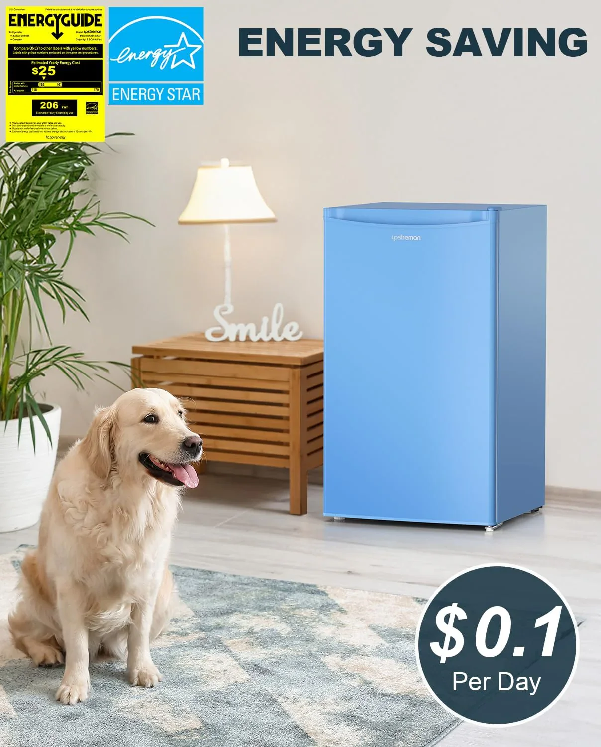 Upstreman 3.2 Cu.Ft Mini Fridge with Freezer, Single Door Mini Fridge, Dorm Fridge, Adjustable Thermostat, Mini Refrigerator for Bedroom, Office, Dorm, Black-BR321