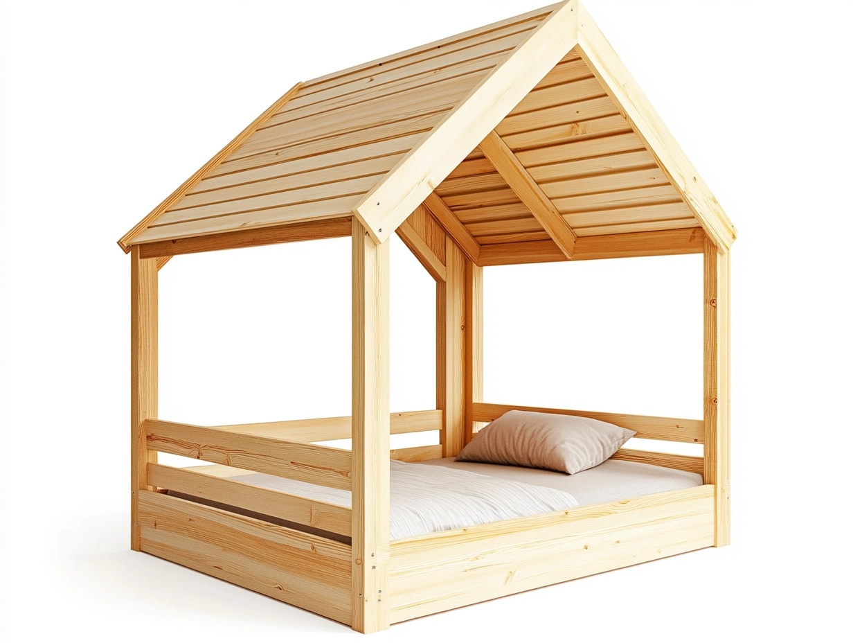 Cama infantil casita de madera natural con tejado