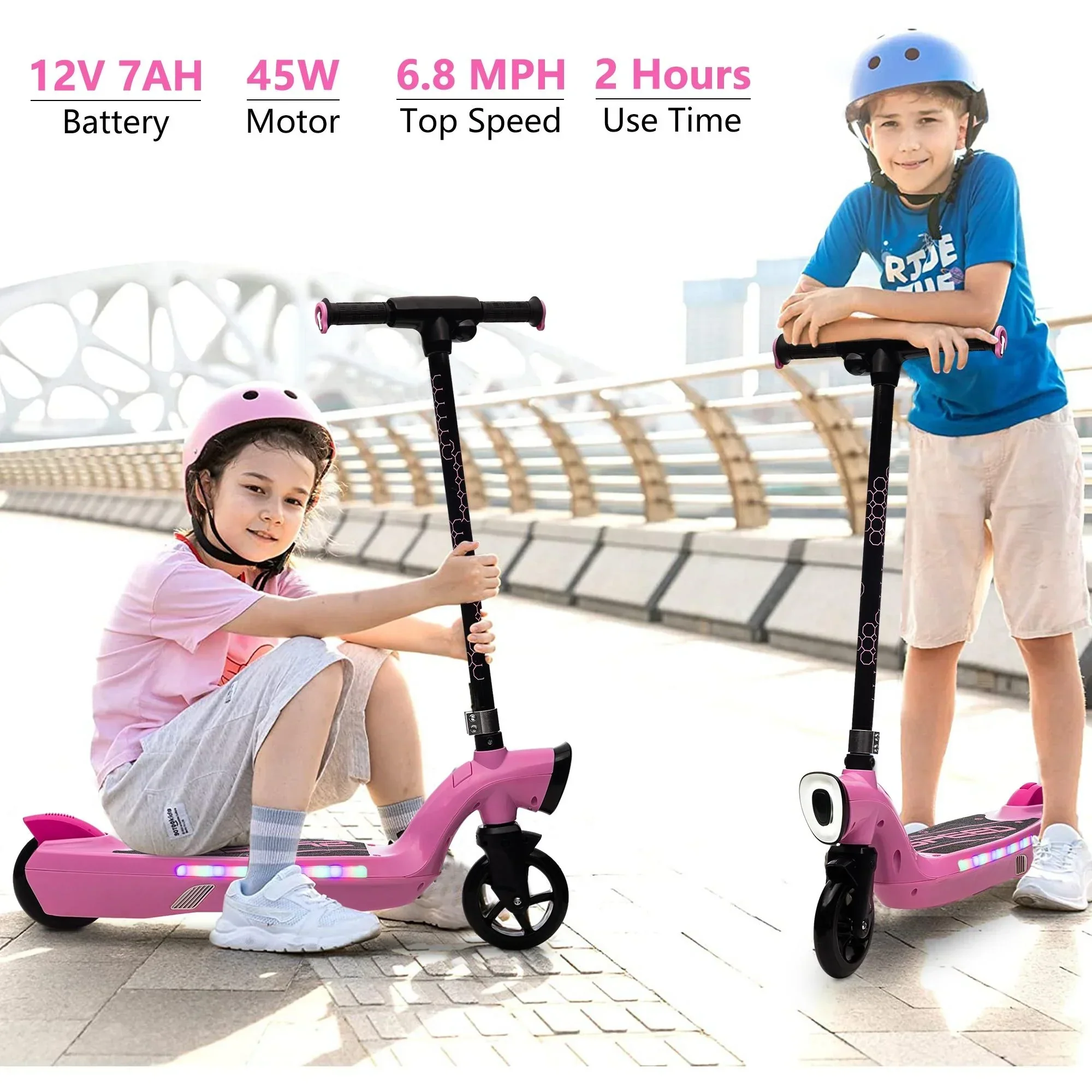 iRerts Kids Electric Scooter 12V 45W With Front Light, Rear Brake And Colorful Deck Light - Pink - Image 3 iRerts Kids Electric Scooter 12V 45W With Front Light, Rear Brake And Colorful Deck Light - Pink - Image 3