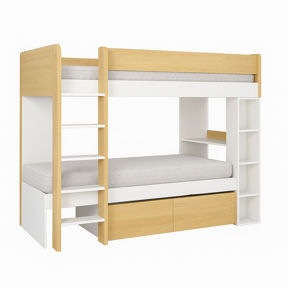 Cama literas con estructura de madera, diseño moderno, espacio de almacenamiento, color blanco y roble, para habitación infantil
