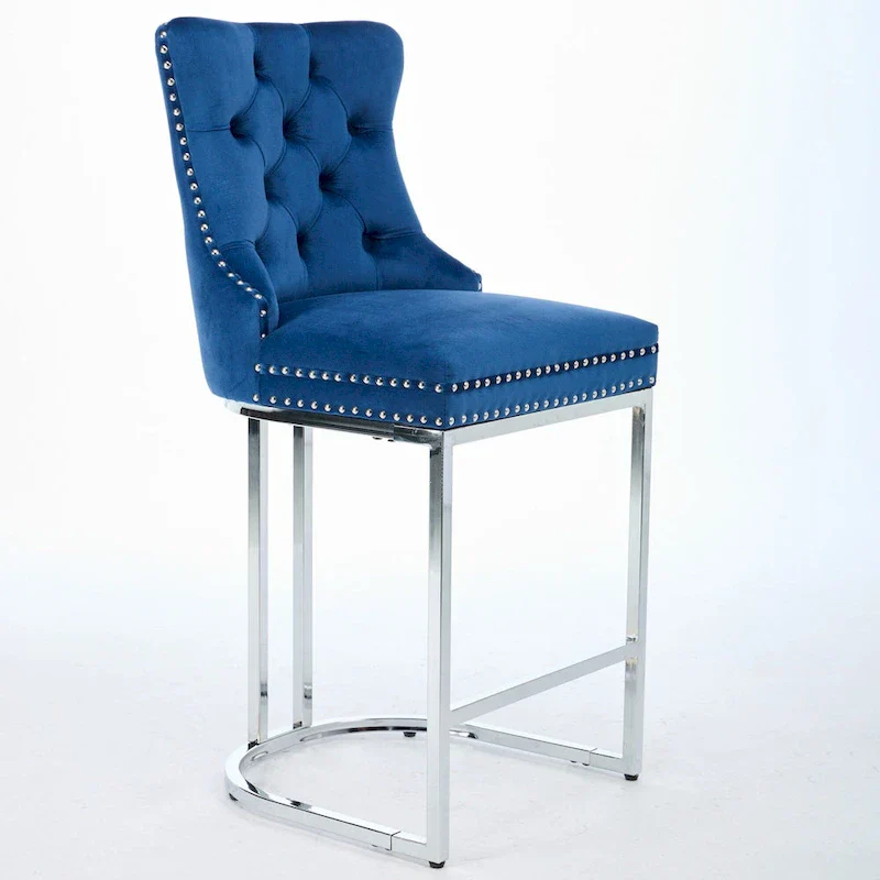 Contemporary Set of 2 Bar Stools with Button-Tufted Back and Studded Trim, Chrome Metal Base - Ideal for Dining Room, Living Room, and Bedroom