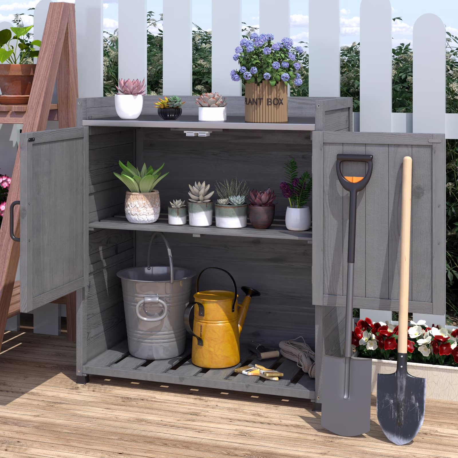YODOLLA Potting Bench, Wooden Outdoor Storage Cabinet with Adjustable Shelf, Patio Storage with Metal Tabletop, Potting Table for Garden, Patio and Lawns, Gray(Beige)