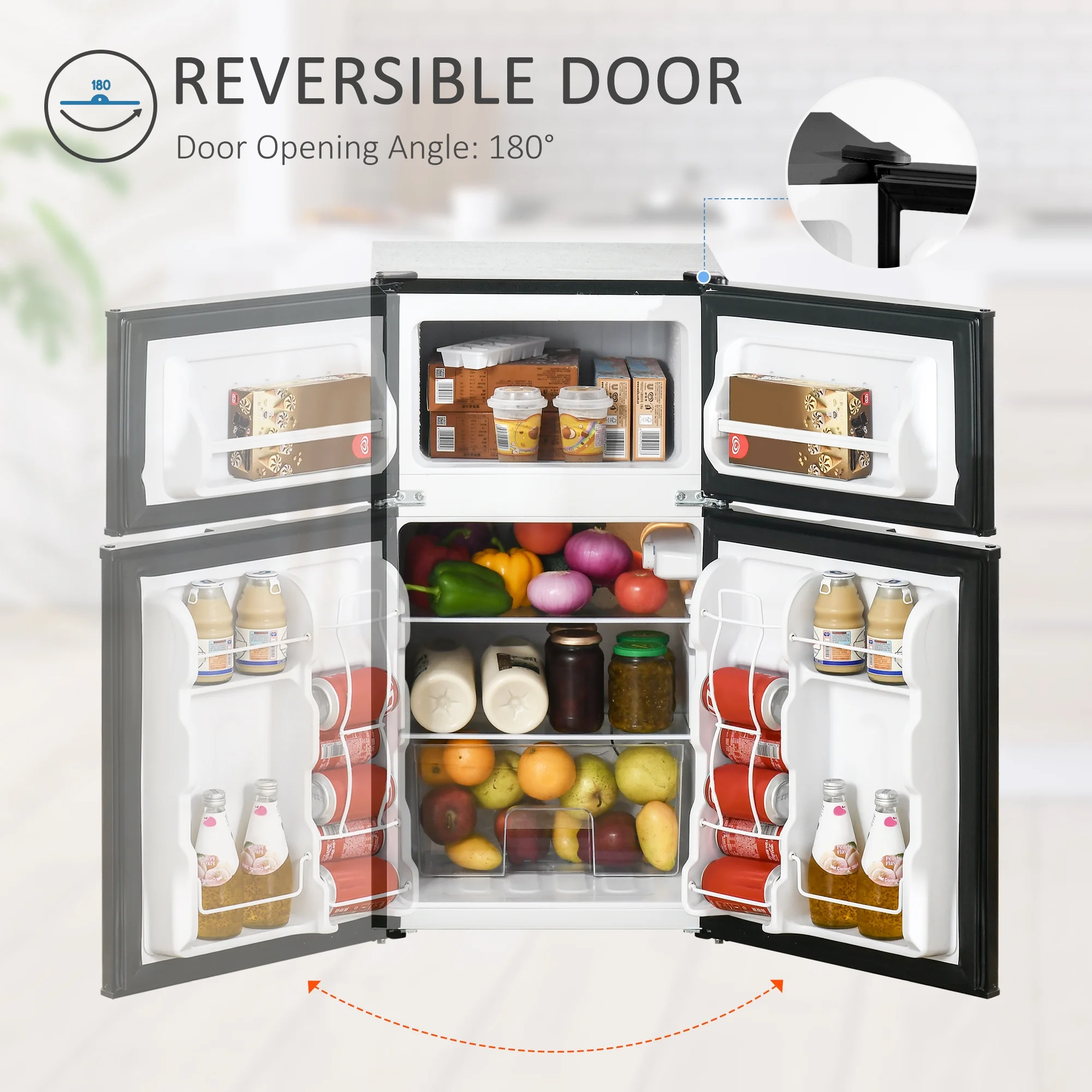 3.2 Cu.Ft Mini Fridge with Freezer, Double Door Compact Refrigerator with Adjustable Thermostat, Shelf and Reversible Door for Bedroom, Dorm, Home Office, Energy Efficient, Black - Image 6