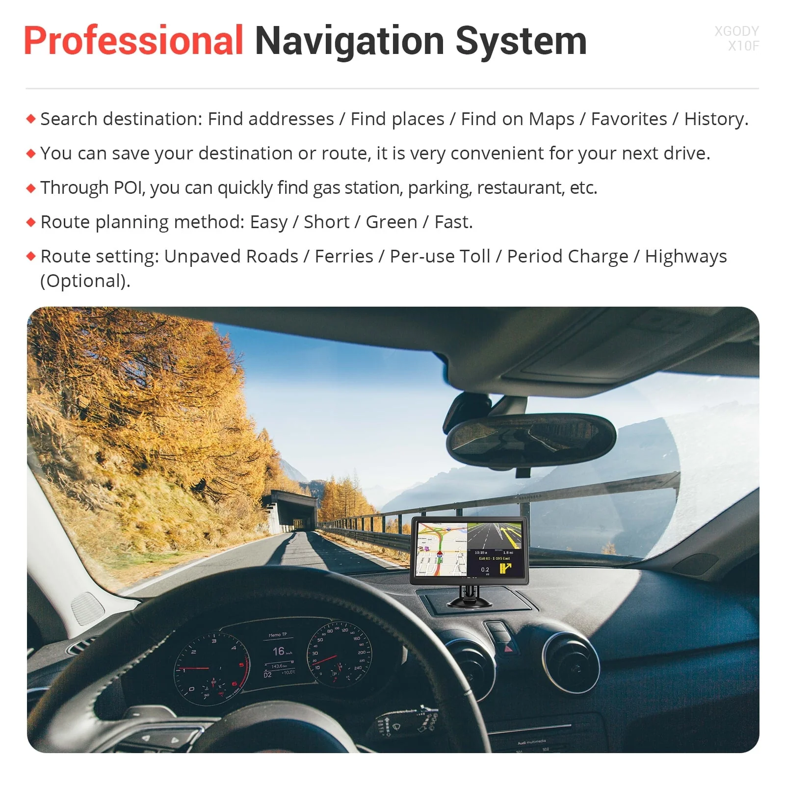 XGODY Car GPS Navigation 9 inch Truck GPS Navigator for Car Sat Nav with Real Voice Spoken Alarm, Lifetime Free Map Update, 8GB 256M - Image 6