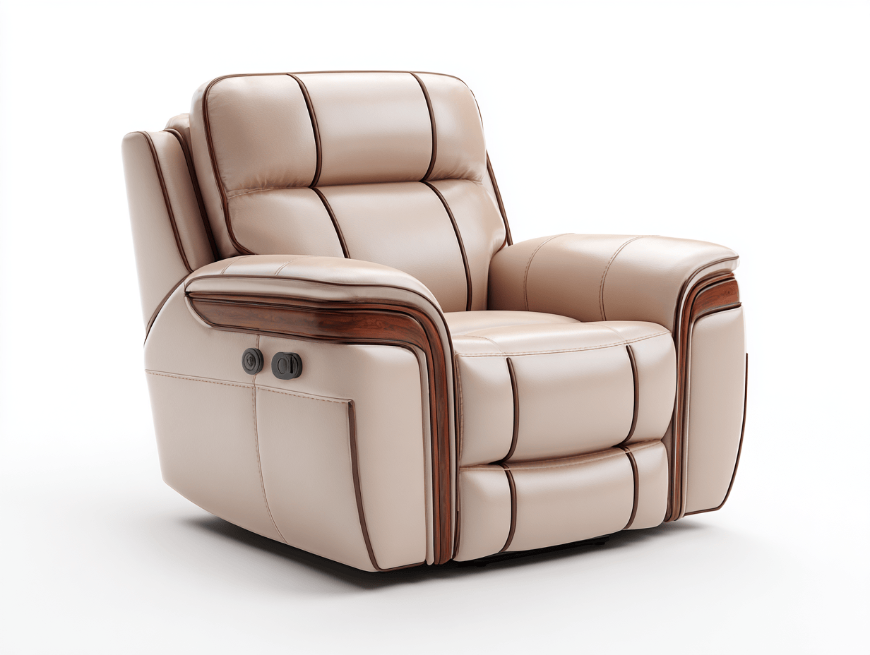 Sillón reclinable eléctrico en cuero beige con ribetes y detalles de madera oscura – 104×100×102 cm – lujo y confort