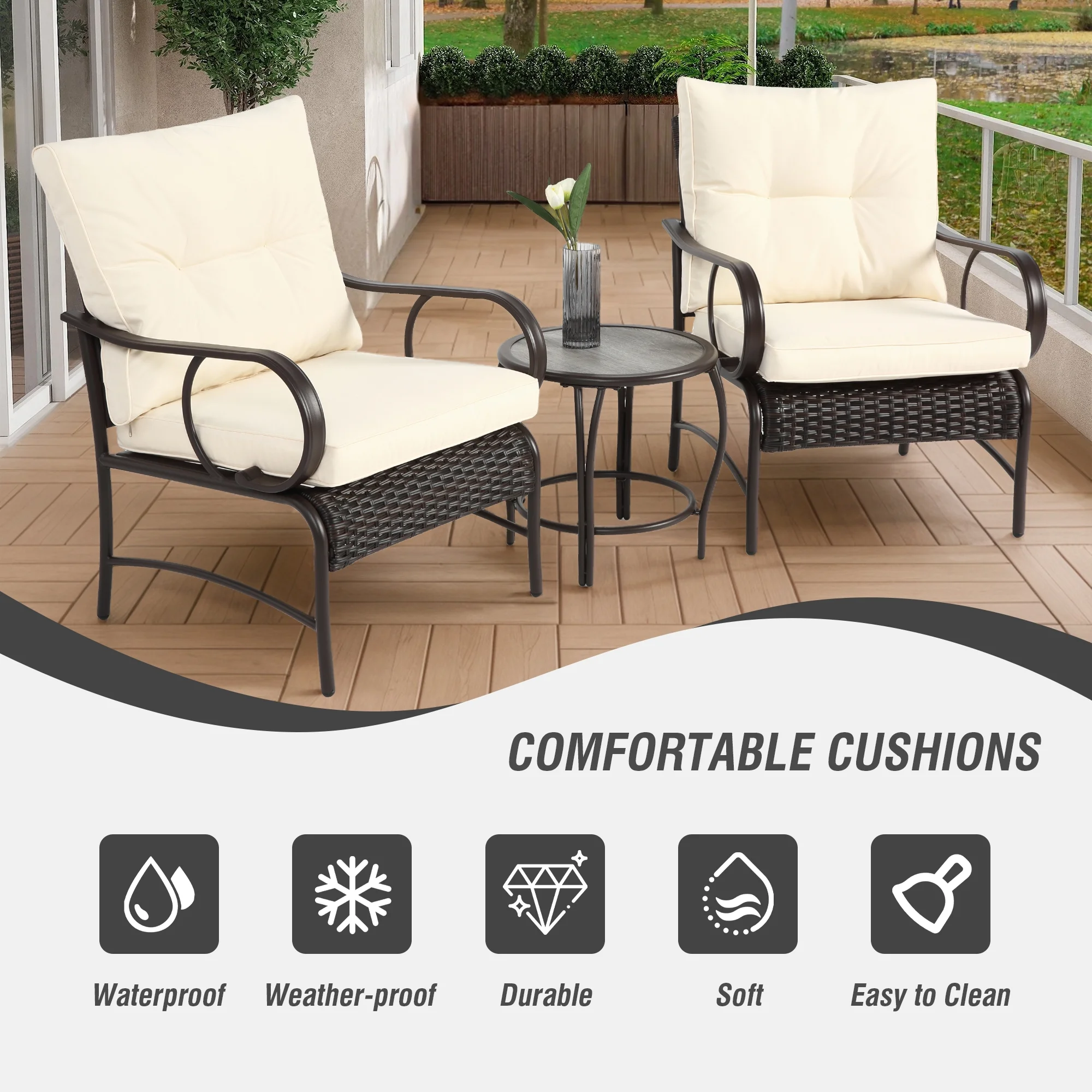 Villeston 3 Piece Outdoor Wicker Conversation Patio Set, with 2 Chairs, Table for Porch Garden,Blue - Image 24