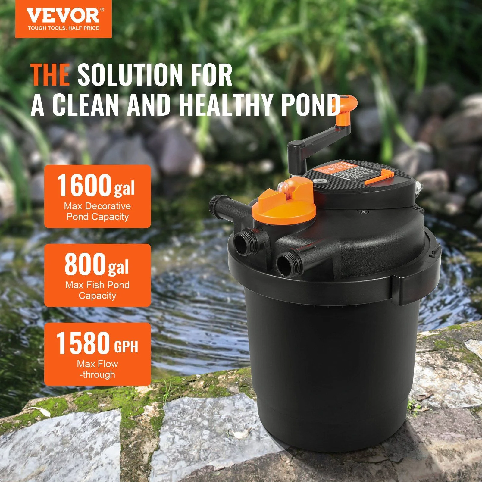 Bio Pressure Pond Filter with 13W UV-C Light, 1580 GPH, for Pools up to 1600 Gallons, Pressurized Biological Filtration for Garden Ponds, Koi Fish Tanks, Fountains - Image 3