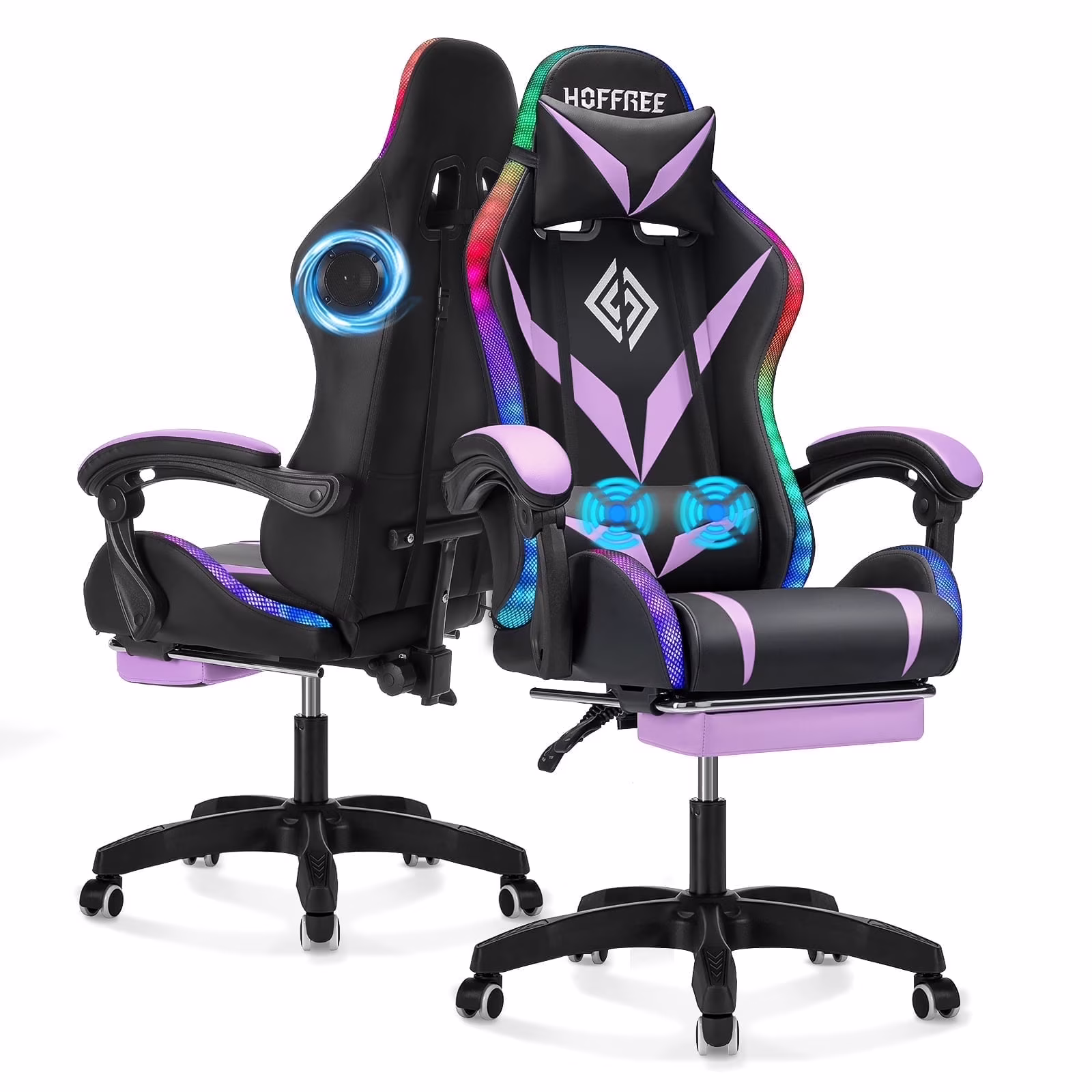 Hoffree Gaming Chair with Speakers PU Leather Office Chair with Footrest and LED Lights Ergonomic Gamer Chair with Massage Lumbar Support and Headrest Adjustable Swivel for Home Office 300lb - Image 11