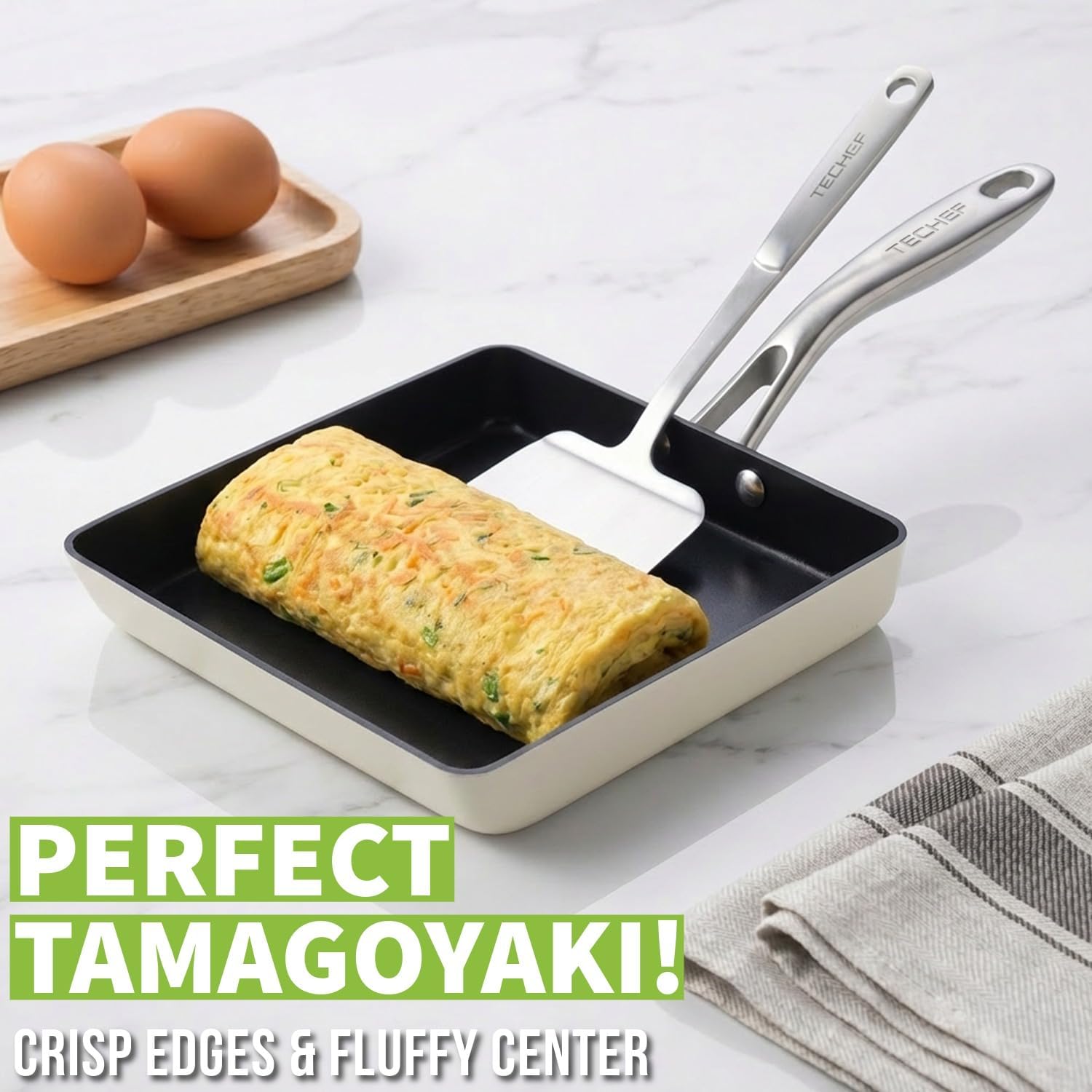 TeChef Collection | Ceramic Nonstick Egg Frying Pan, Nontoxic - Nontoxic - Free of PFAS, PFOA, PTFE, Made in Korea (Square Pan)