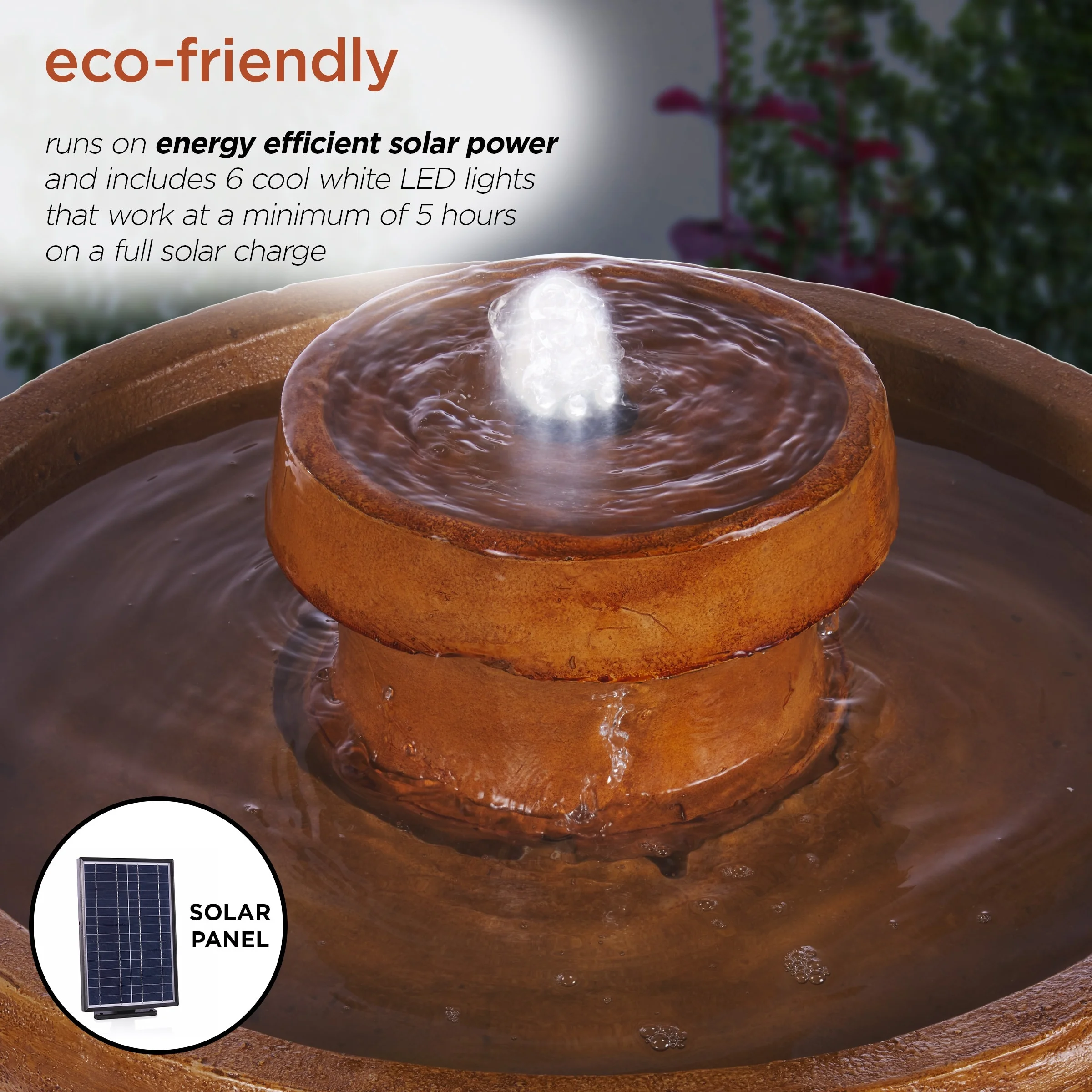 Alpine Corporation 29" Outdoor Birdbath Fountain with LED Lights Classic Pedestal Solar-Powered Garden Water Feature, Brown - Image 5
