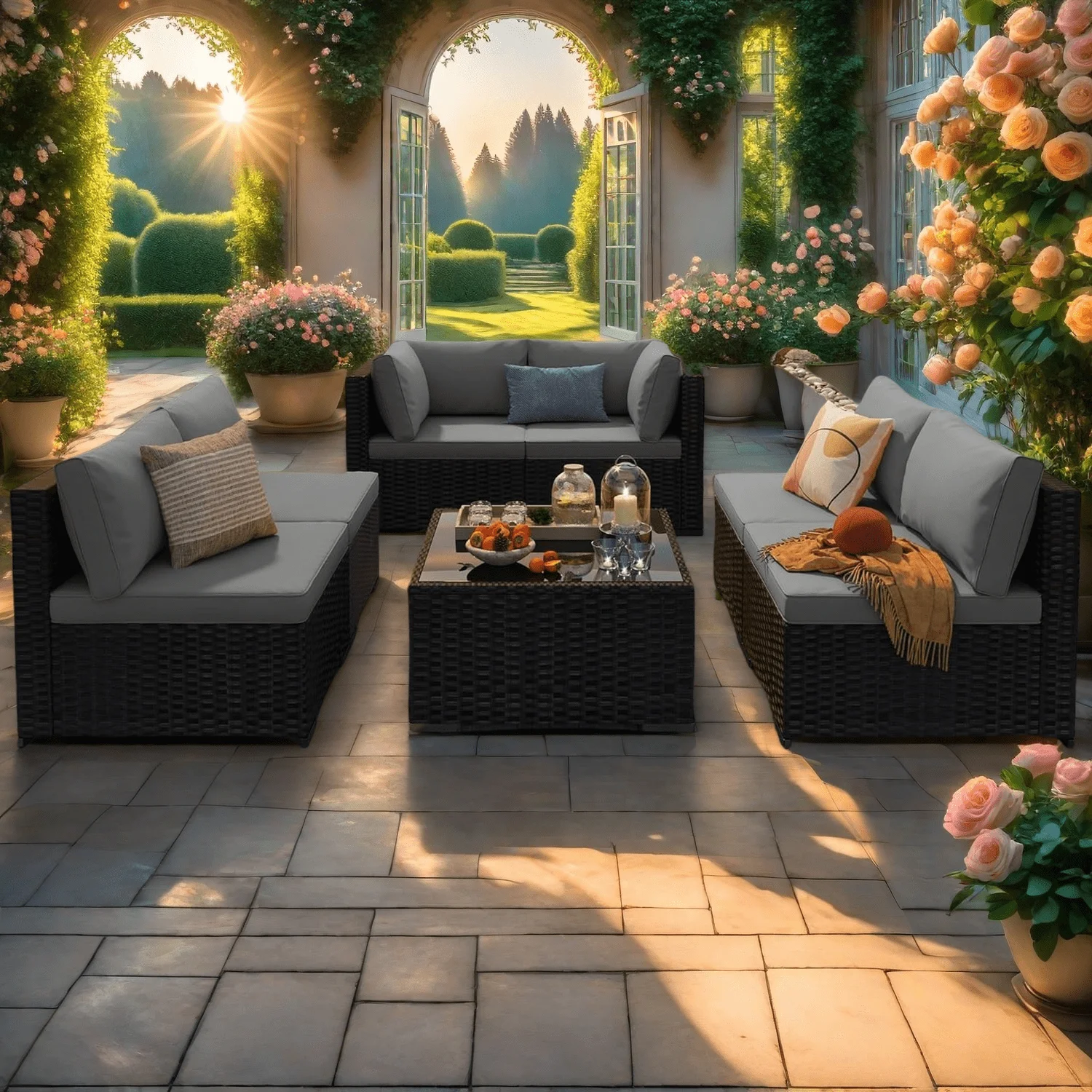 Patio Furniture Set Clearance Lofka Outdoor Sectional Furniture Sofa Set with Tempered Glass Table for Backyard, Garden & Poolside, Gray Cushions - Image 11