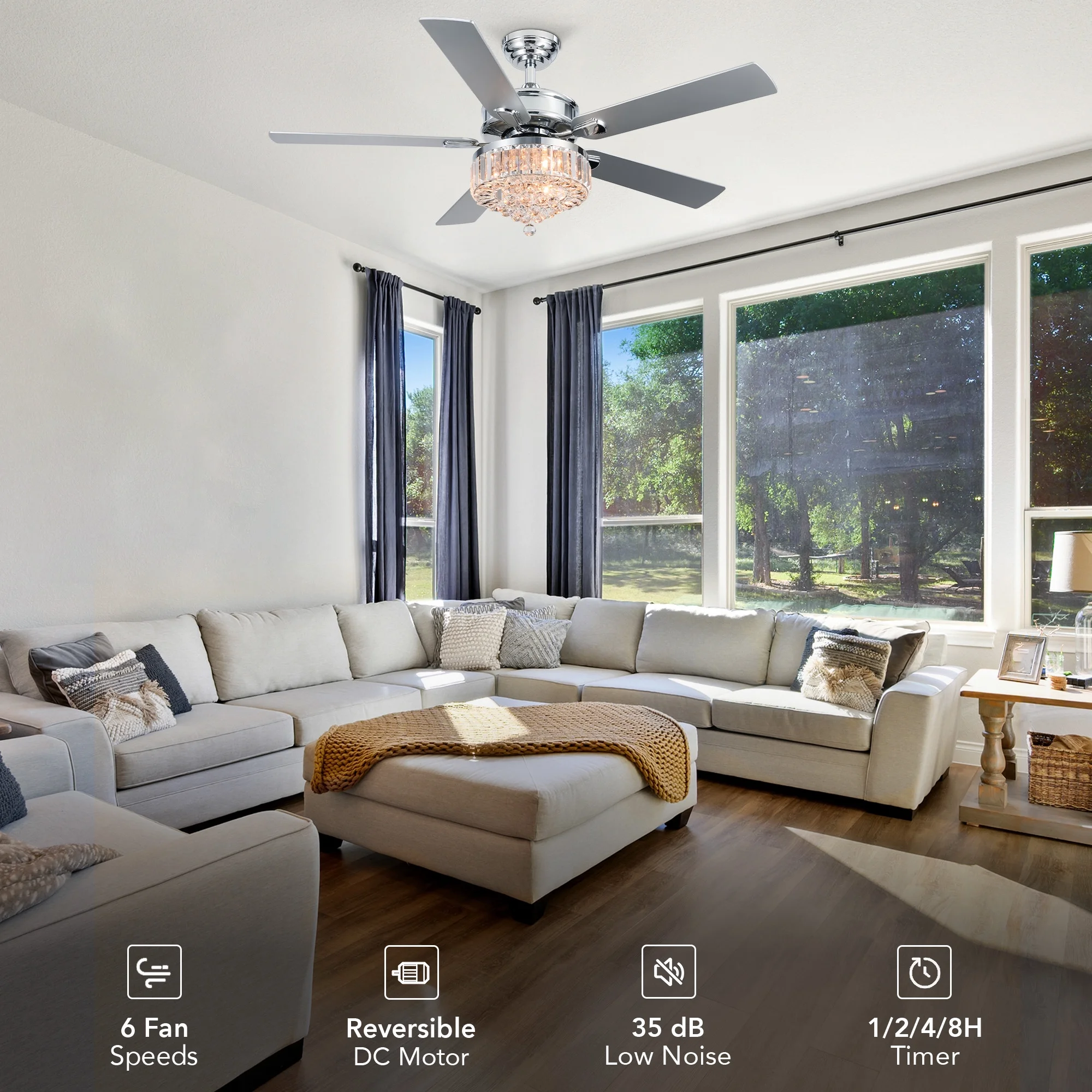 Bestco 52" Chandelier Crystal Ceiling Fan with Light 6 Speeds 5 Dual Sided Blades Chrome - Image 5