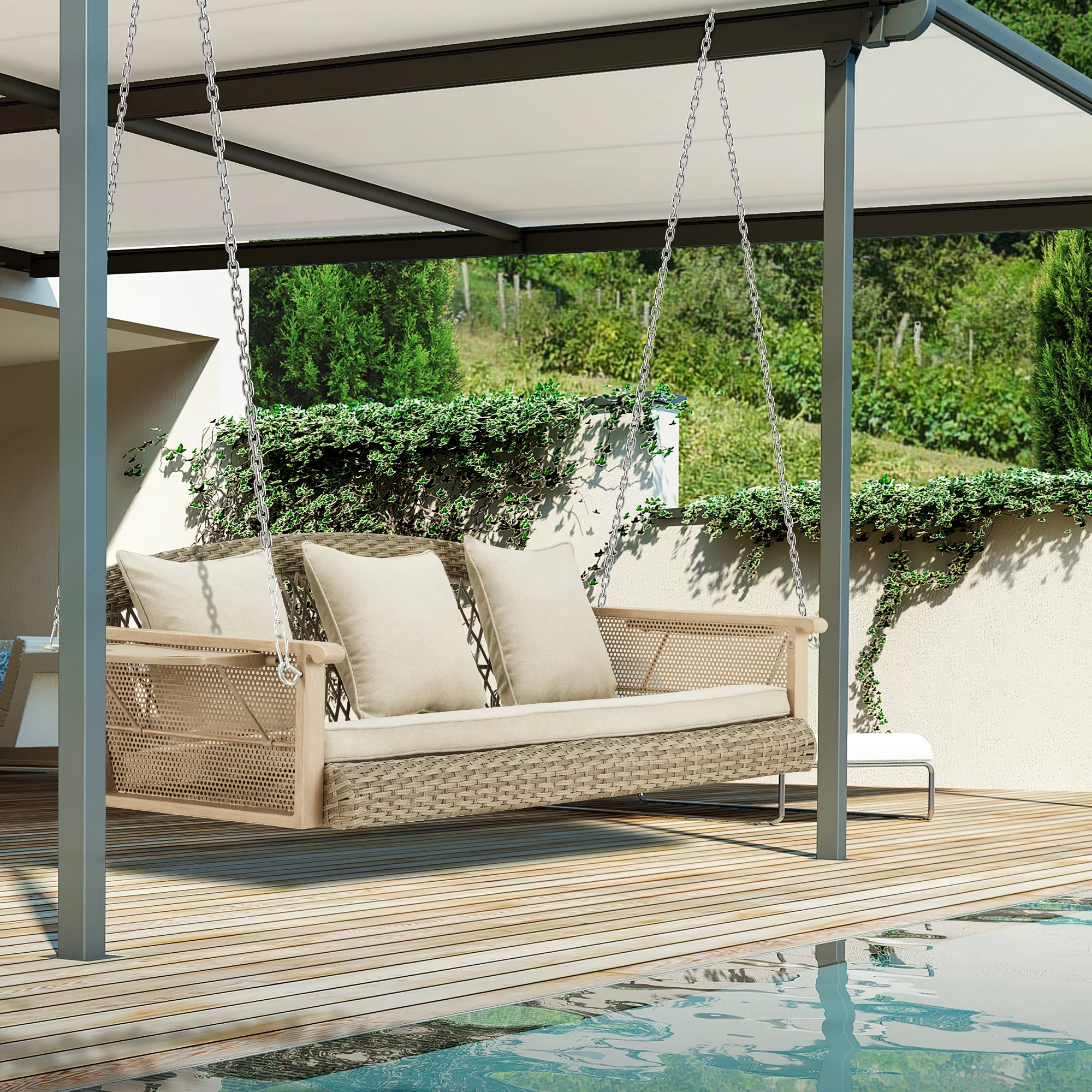 Homrest 3-Person Porch Swing 55in Wicker Hanging Swing Bench with Cushions and Cupholders for Deck, Garden and Backyard, Beige - Image 12
