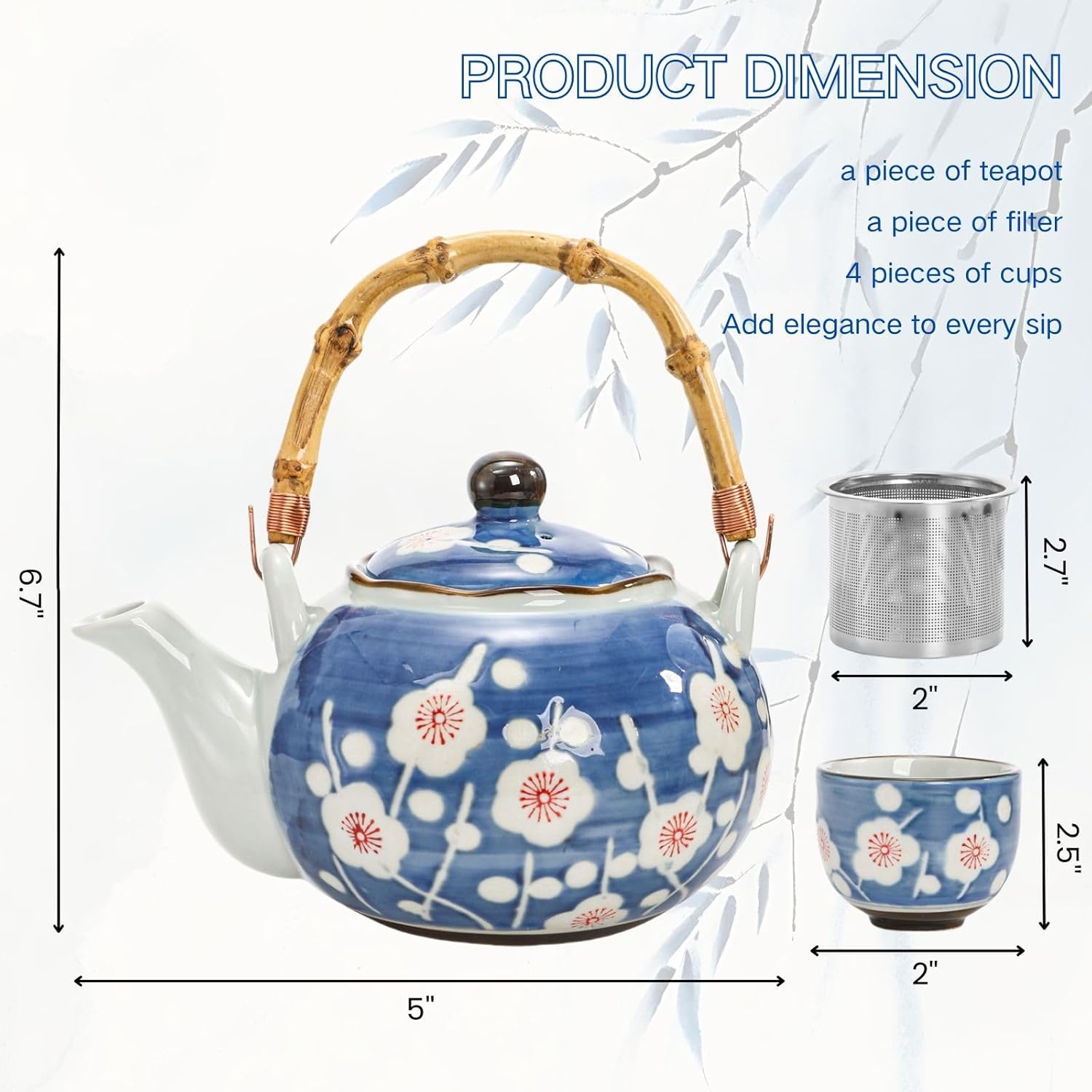 Japanese Tea Set, Ceramic Floral Tea Pot and 4 Pieces Cups with Infuser Bamboo Handle, Traditional Bone China Teapot Kit Gift for Coffee, Water, Home, Office