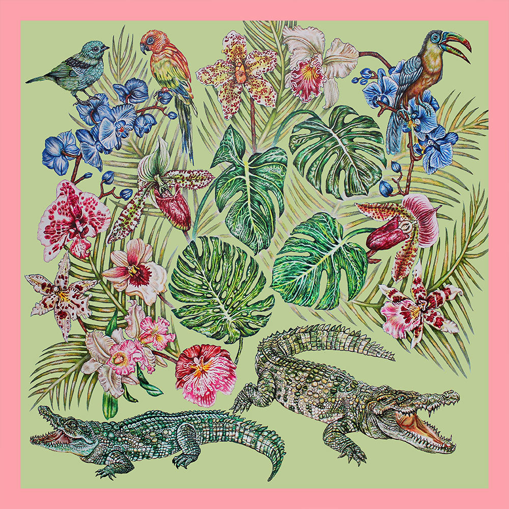 FOULARD LALIQUE BY GINNY LITSCHER DESSIN JUNGLE VERT CLAIR - DESSIN JUNGLE VERT CLAIR, 100% SOIE