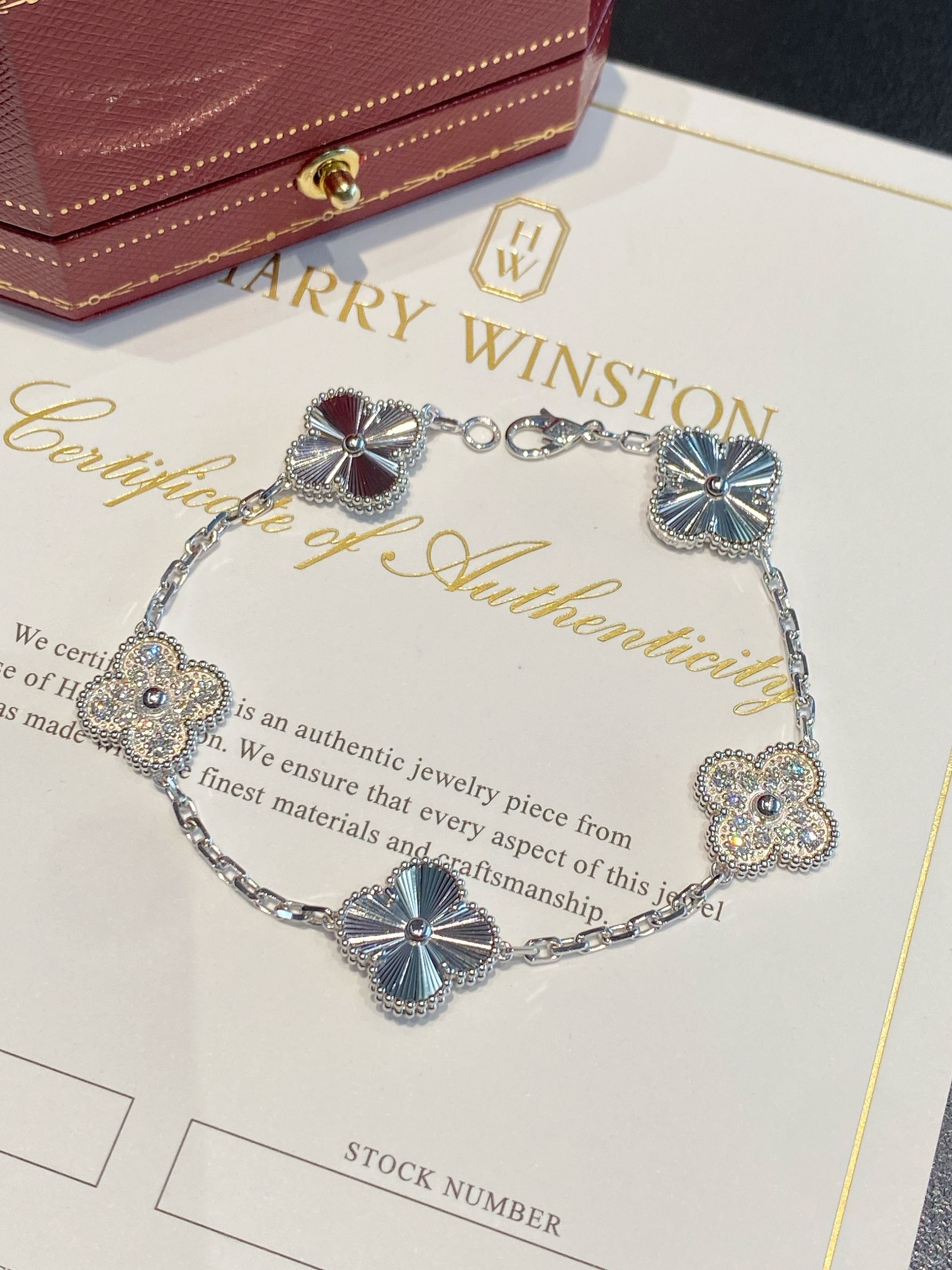 VCA Silver Diamond Vintage Alhambra Bracelet, 5 Motifs - Original Replica Club
