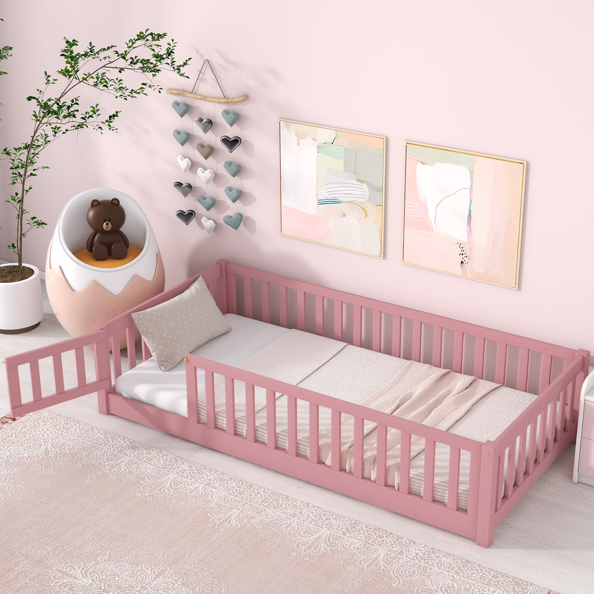 UHOMEPRO Twin Size Floor Bed with Door and Fence, Montessori Floor Bed with Slats and Safety Guardrails, Solid Wood Twin Bed Frame for Bedroom, White - Image 8