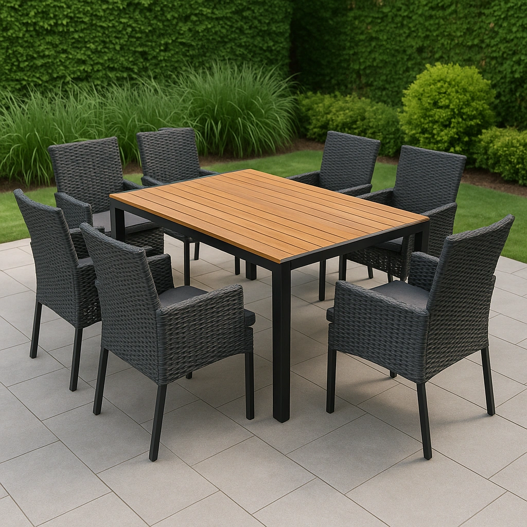 Conjunto de jardín exterior de 7 sillas de madera sintética gris y metal. - TrlIafd365iU