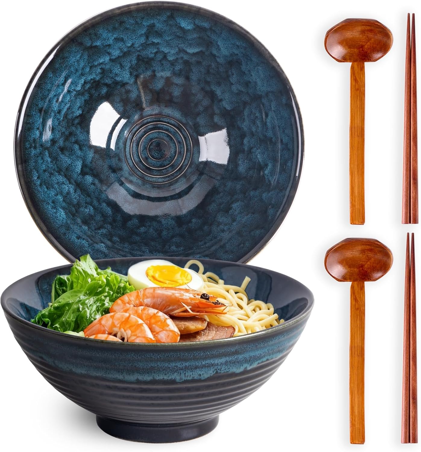 40oz Japanese Ceramic Ramen Bowl Set of 2 with Chopsticks and Spoons for Pho Udon Asian Soup Noodles (Nebula Blue)