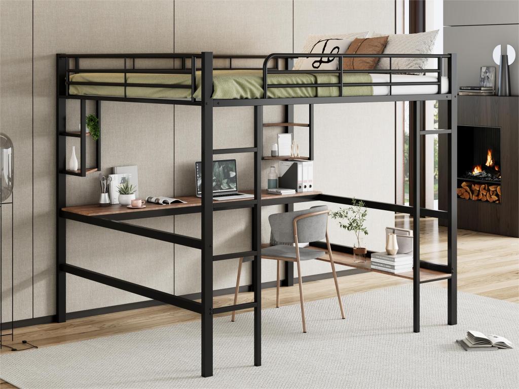 Cama entrepiso de hierro - 140x200 cm - con escritorio y 5 estantes - Negro