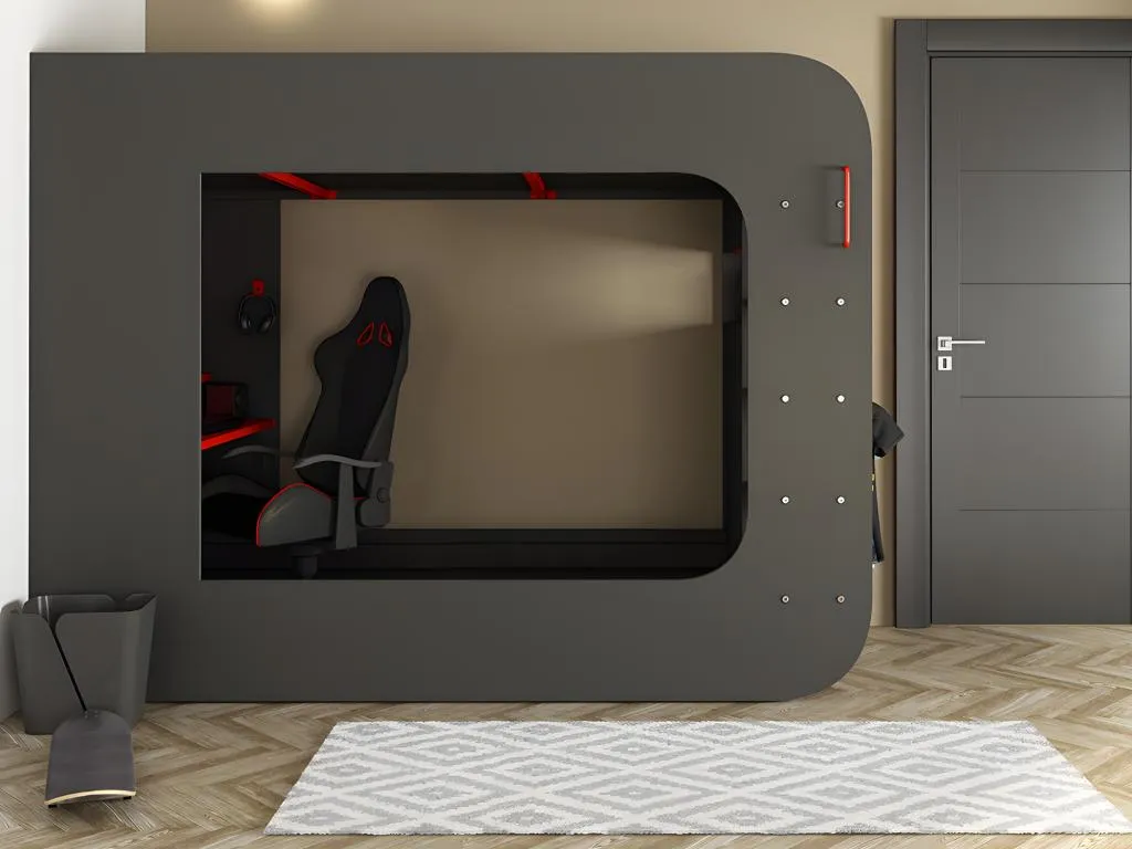 Cama alta gamer 90 x 200 cm - con escritorio y compartimentos - con leds - antracita y rojo - warrior brj138107