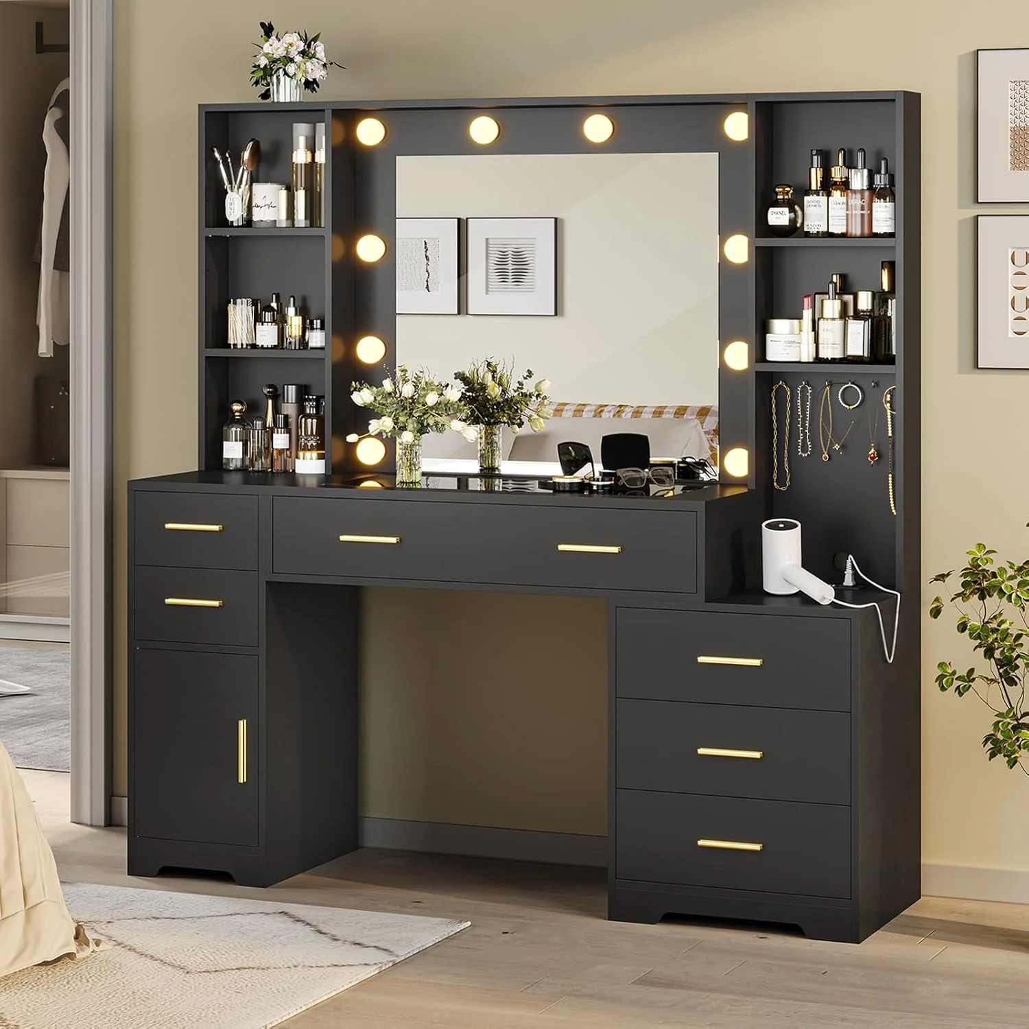 Hasuit 48.8'' Large Vanity Desk with Lighted Mirror & Power Outlet, Makeup Vanity Table