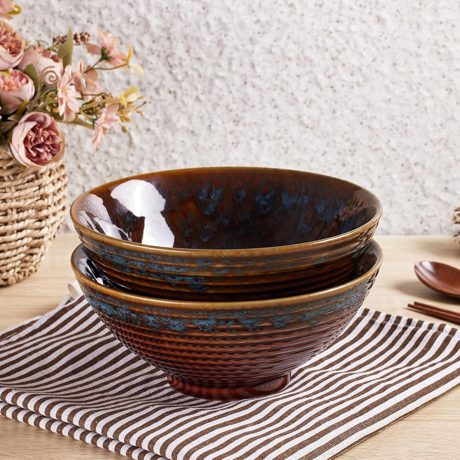 2x Ceramic Ramen Bowls - 40 oz - 20cm - With Spoon and Chopsticks for Ramen Soup Pho Udon Asian Noodles, Large Noodle Bowls (Cat's eye glaze 2 sets)