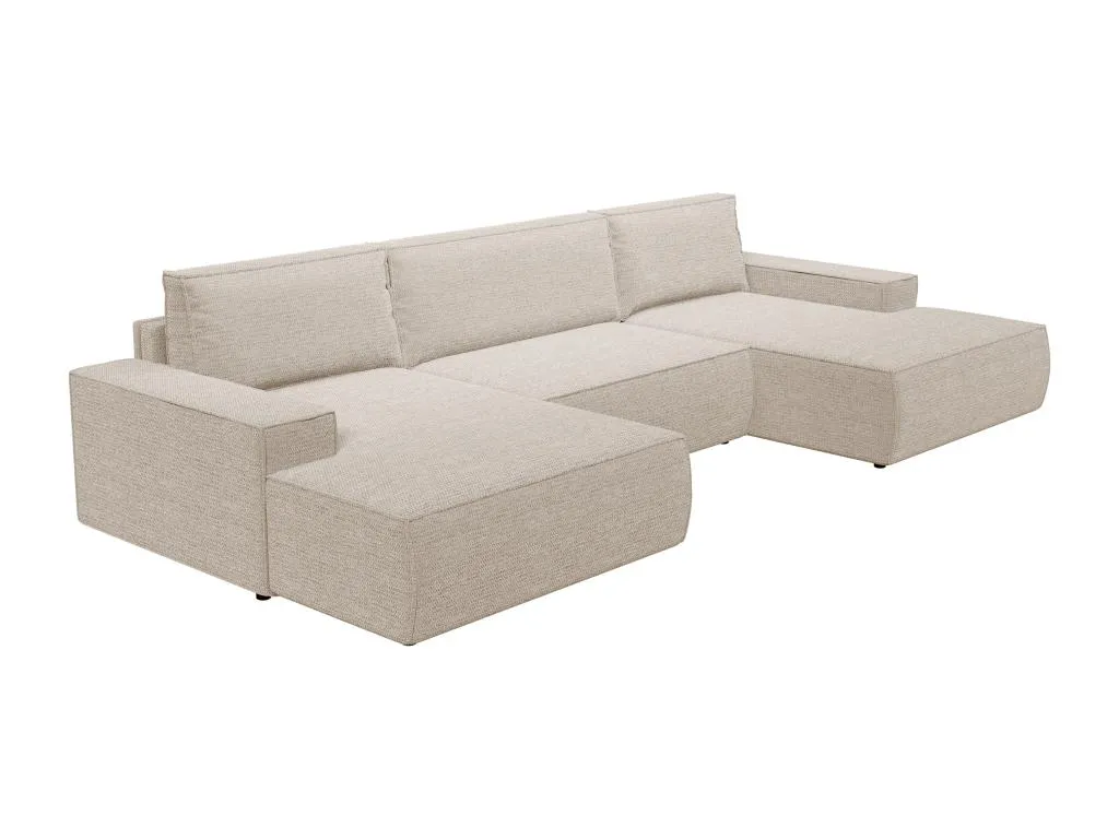 Gran sofá cama rinconero panorámico de tela texturizada color beige Decounico
