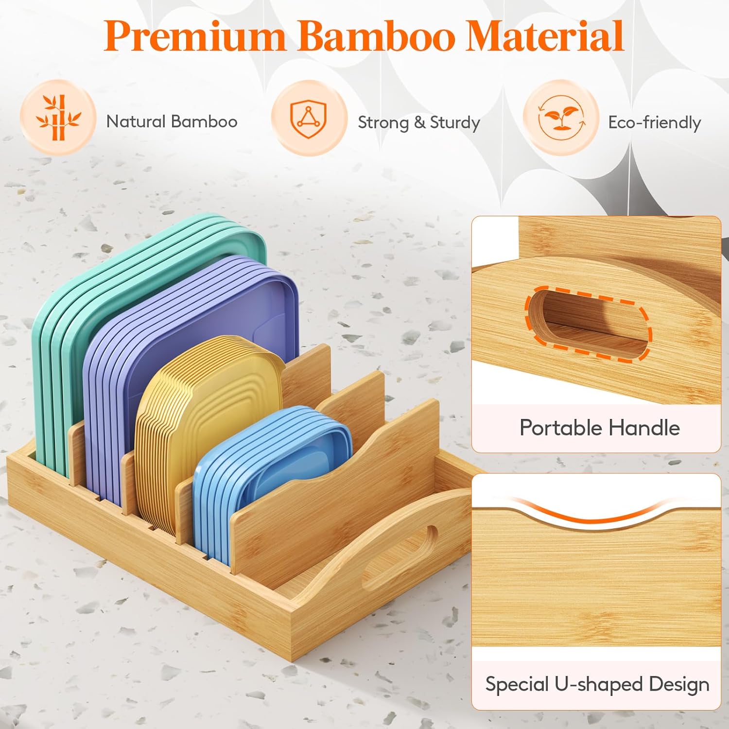 Lifewit Bamboo Lid Organizers for Inside Cabinet, Food Storage Container Lid Holder with 4 adjustable Inserts & 5 Sections, Kitchen Pantry organizer and storage, 10.6