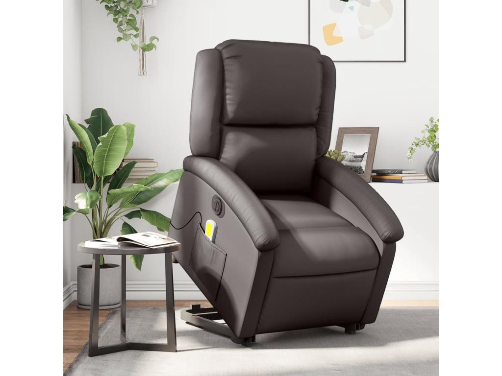 Sillón masaje eléctrico elevable cuero auténtico marrón oscuro