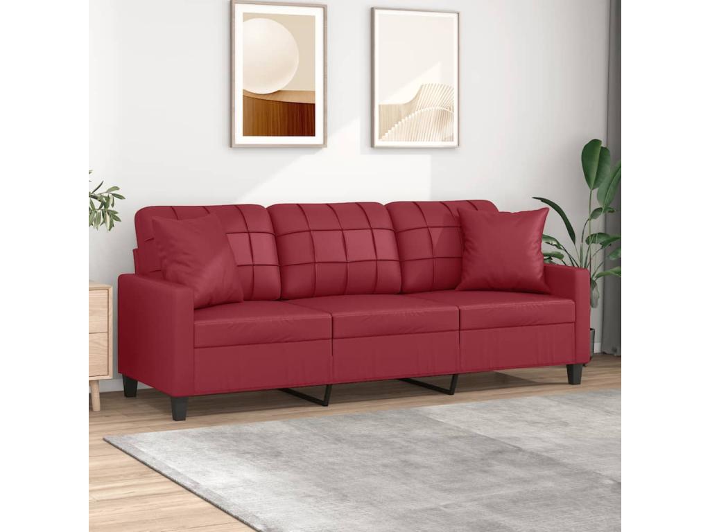 Sofá de 3 plazas con cojines cuero sintético rojo tinto 180 cm