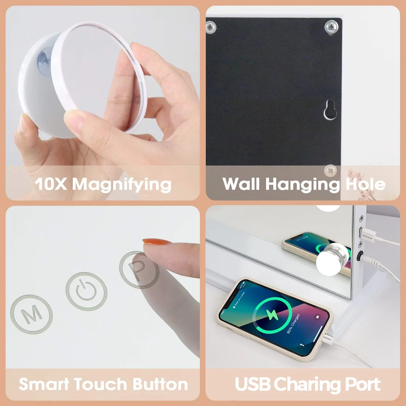 Fenchilin 32"x23" Vanity Mirror with Lights USB Charging Tabletop Wall Mount Metal White - Image 3