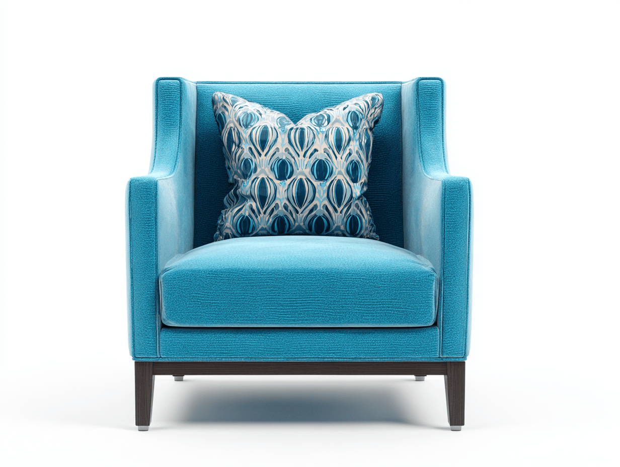 Sillón individual tapizado en tela – azul – con cojín decorativo